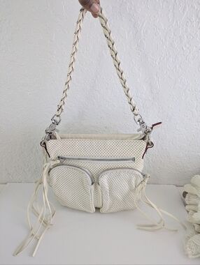 MZ Wallace Perforated Leather Crossbody Bag Cream Ivory Yellow Tone Multi Pocket